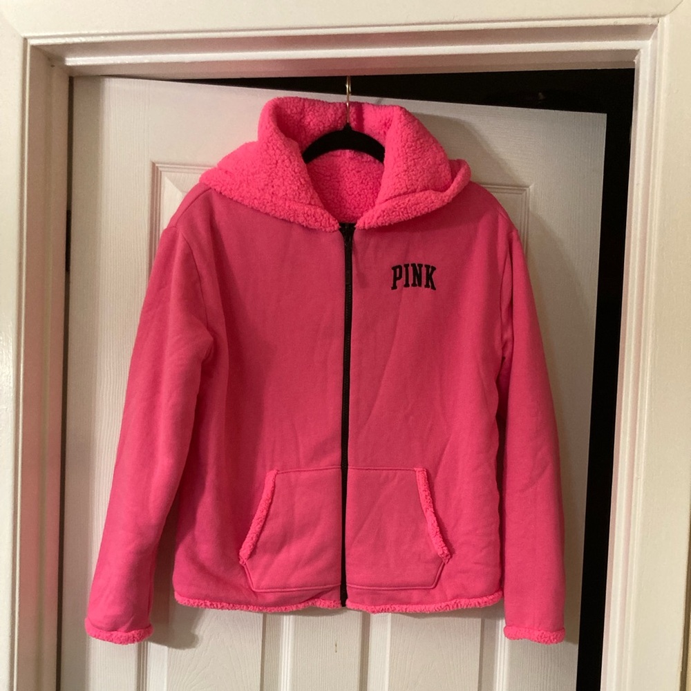 Victoria Secret PINK Reversible Teddy Fleece Jacket Full Zip Pink Small